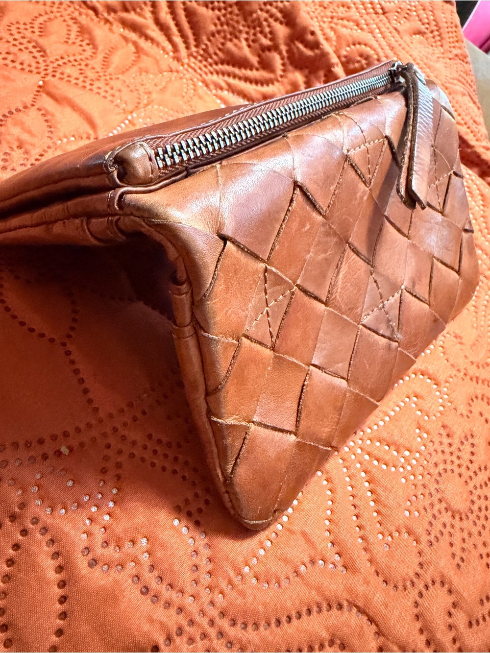 Woven Leather Zip Wristlet Clutch in Tan